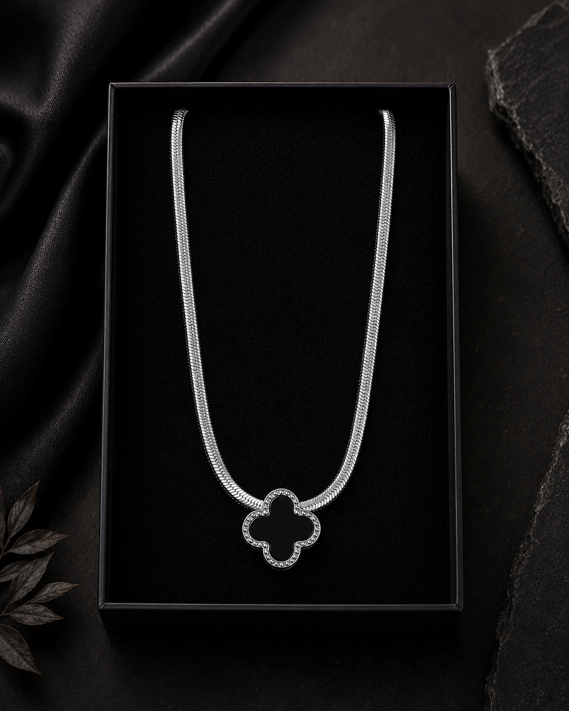 Silver Onyx Clover Necklace