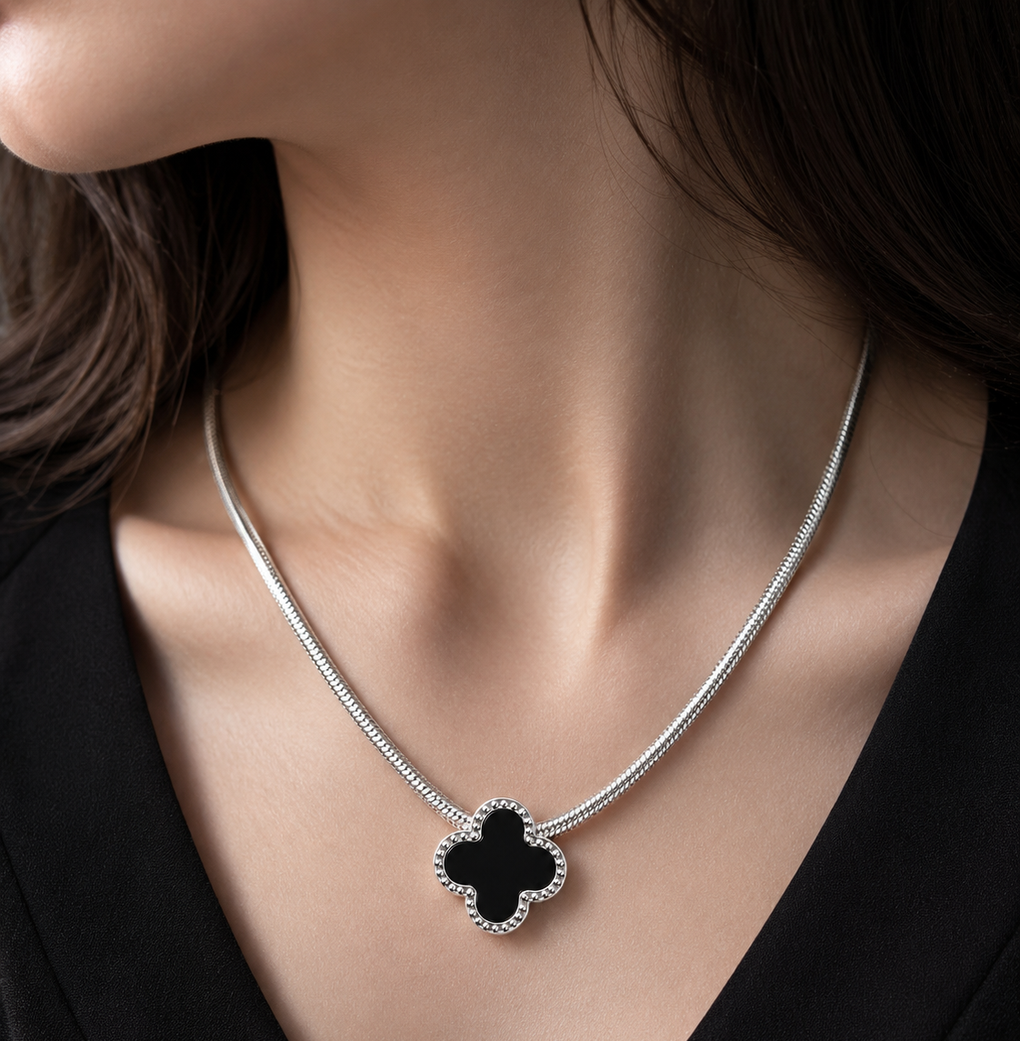 Silver Onyx Clover Necklace - Image 3