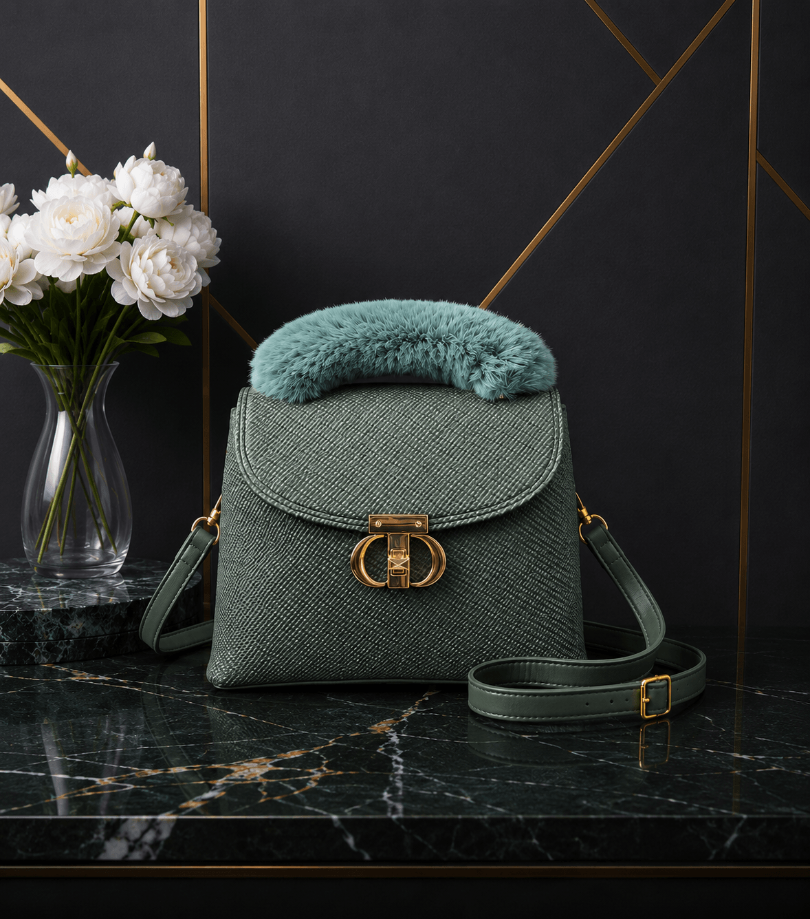 Sea green fur bag front view - Khaas Andaaz
