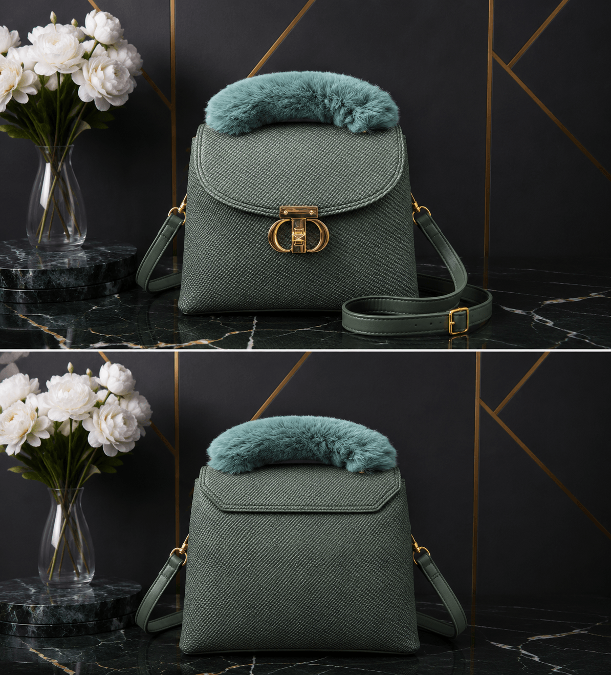 Sea green fur bag close-up - Khaas Andaaz