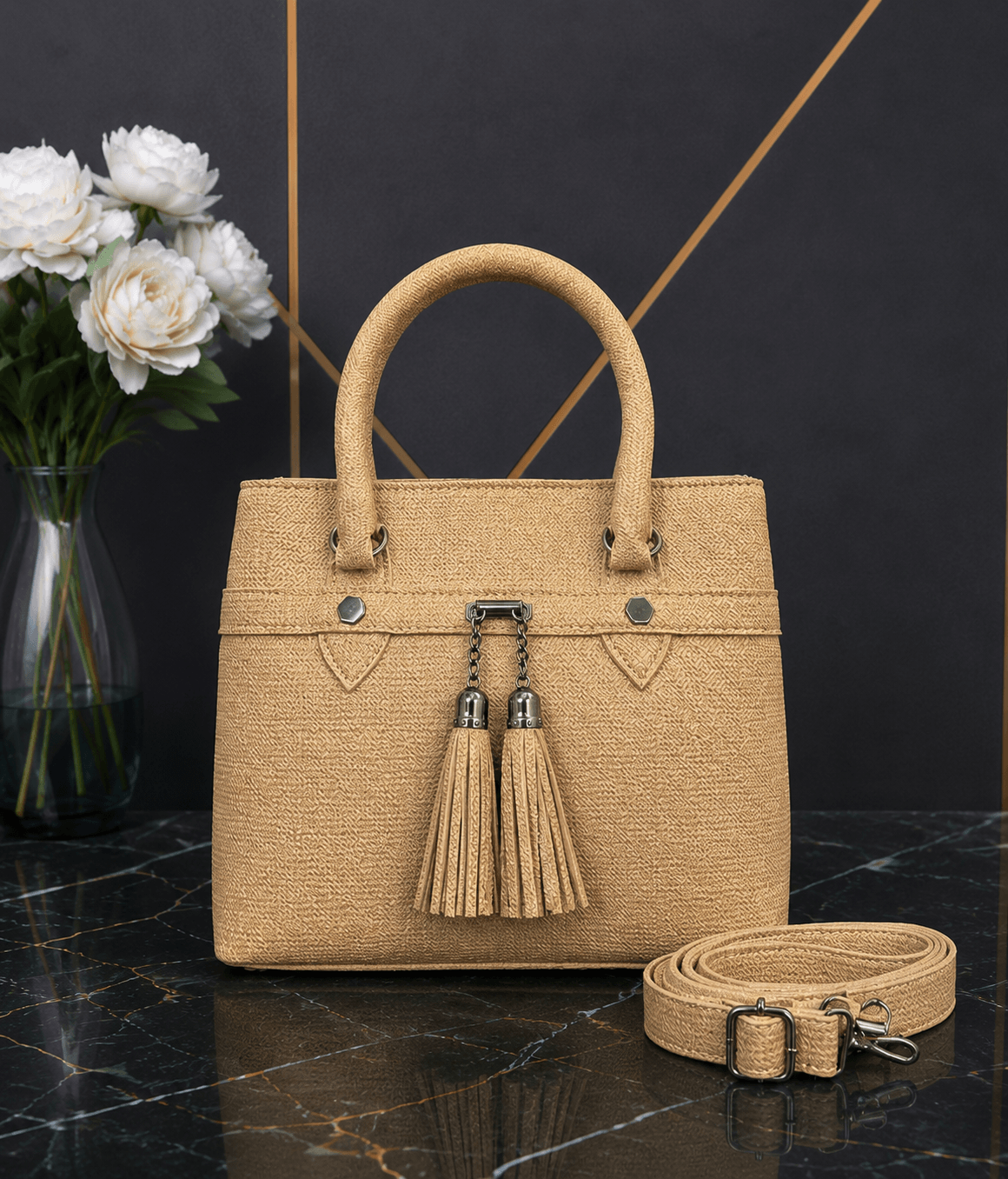 Beige tassel bag front view - Khaas Andaaz
