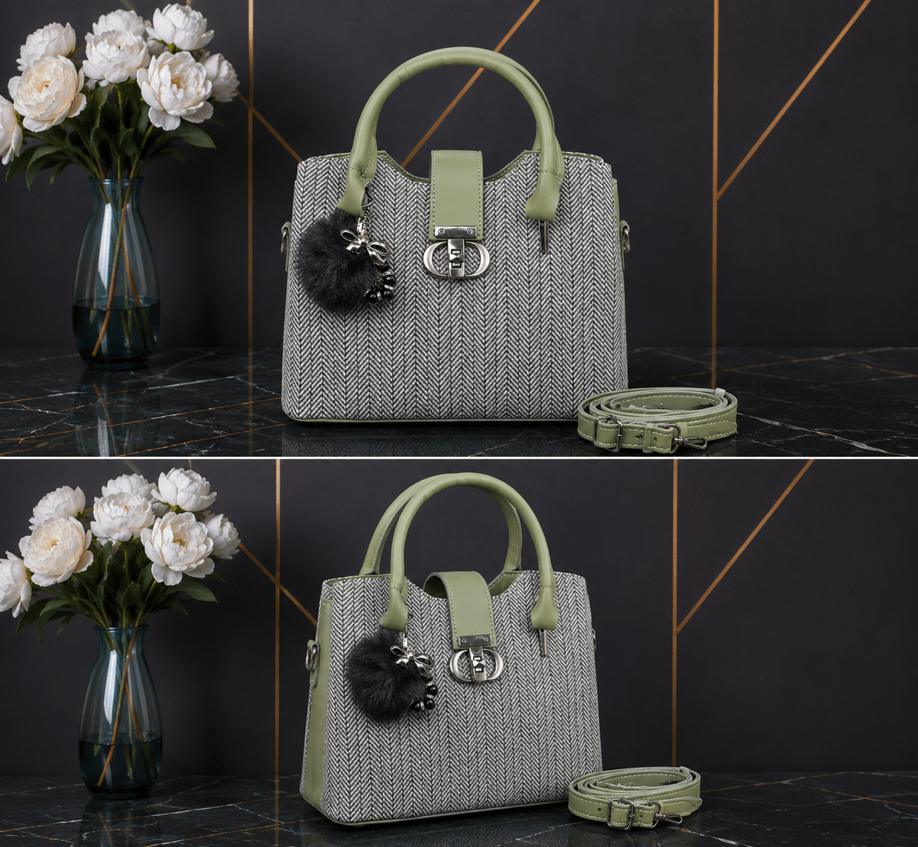 Olive herringbone bag flat lay - Khaas Andaaz
