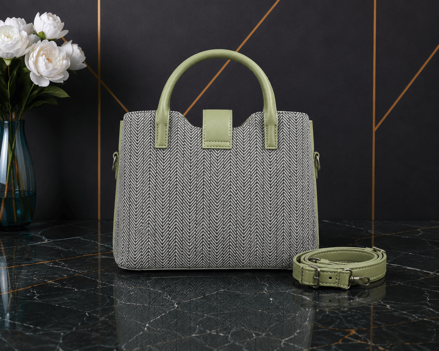 Olive herringbone bag angled view - Khaas Andaaz
