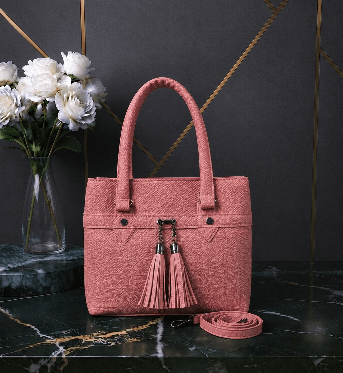Dusty rose tassel bag front view - Khaas Andaaz