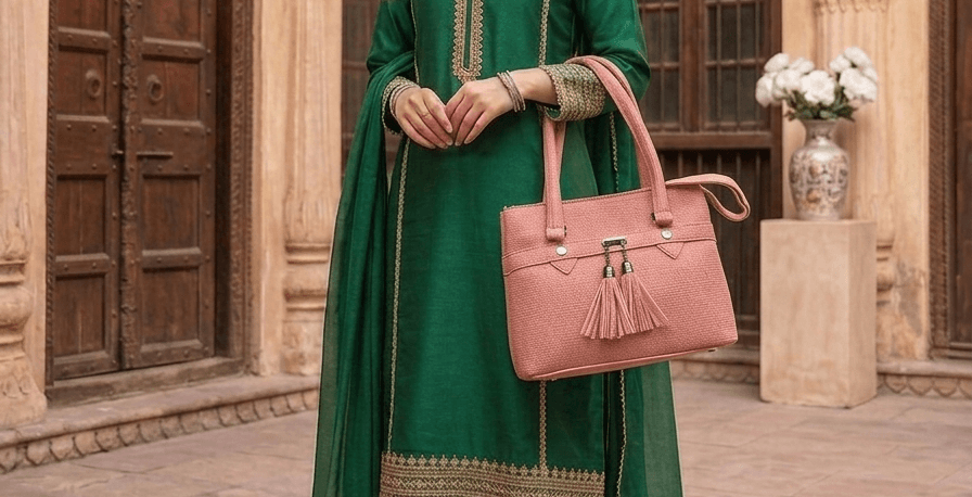 Dusty rose tassel bag worn on shoulder - Khaas Andaaz