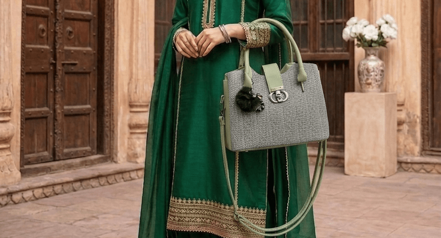 Olive herringbone bag worn on shoulder - Khaas Andaaz