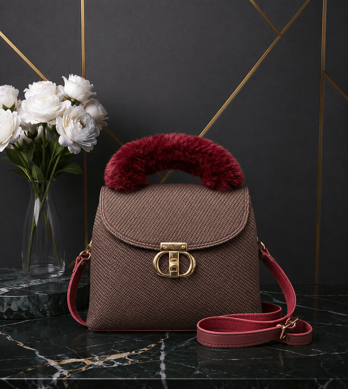 Maroon fur bag front view - Khaas Andaaz