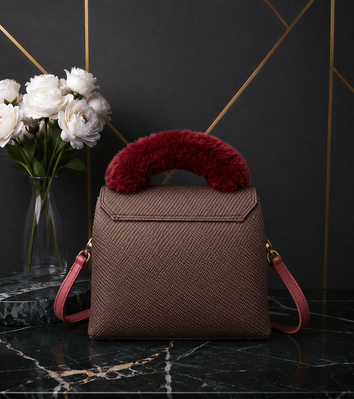 Maroon fur bag back look - Khaas Andaaz