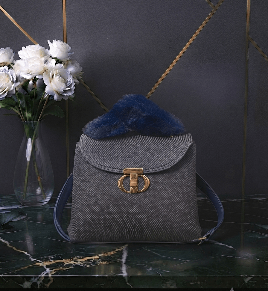 Midnight blue fur bag front view - Khaas Andaaz