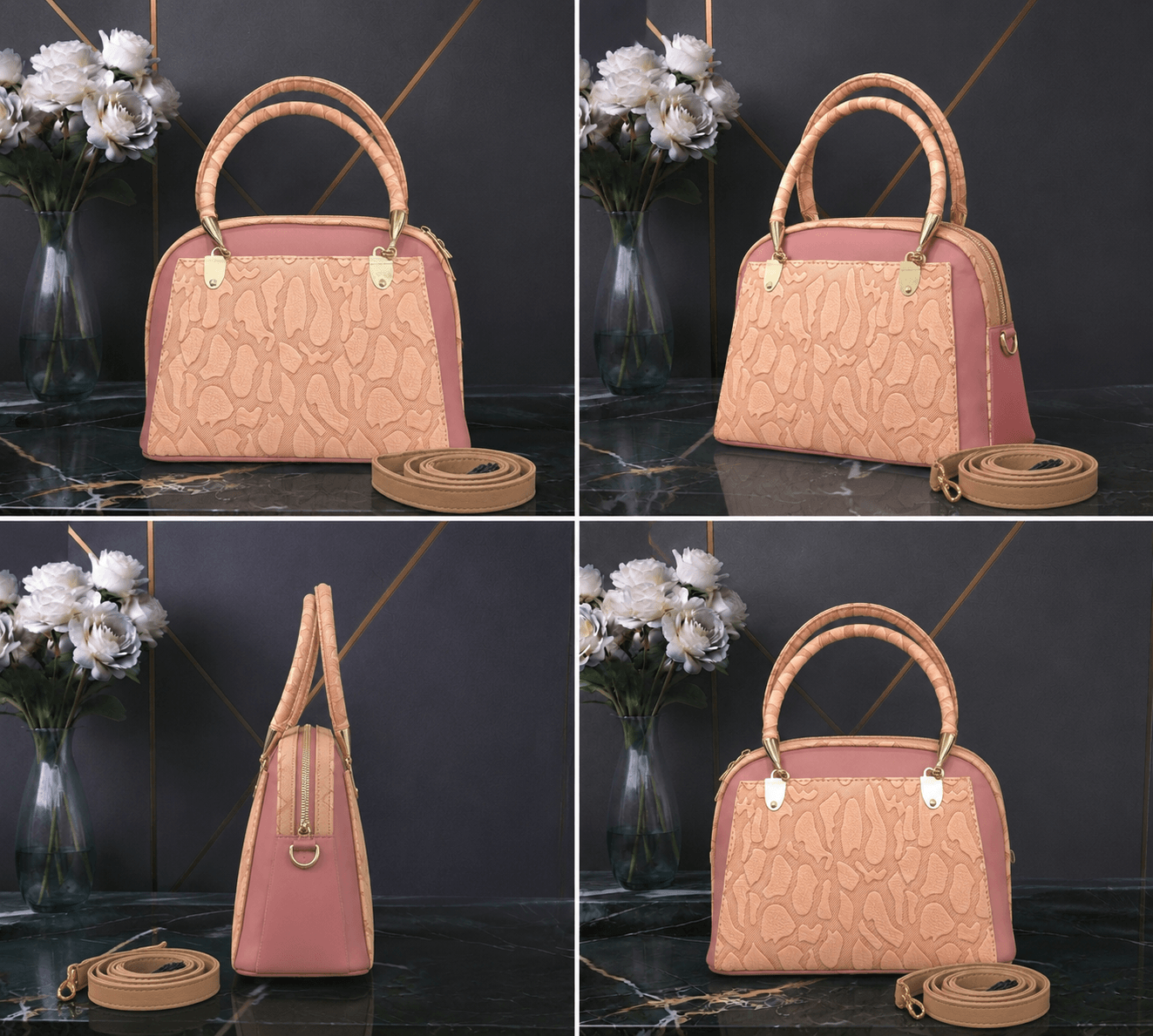 Peach pink textured bag detail views - Khaas Andaaz