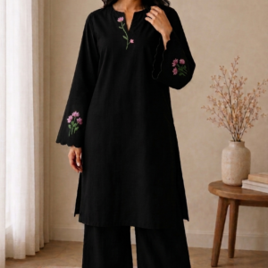 Black cotton lawn kurta with hand embroidery paired with matching palazzo – front view