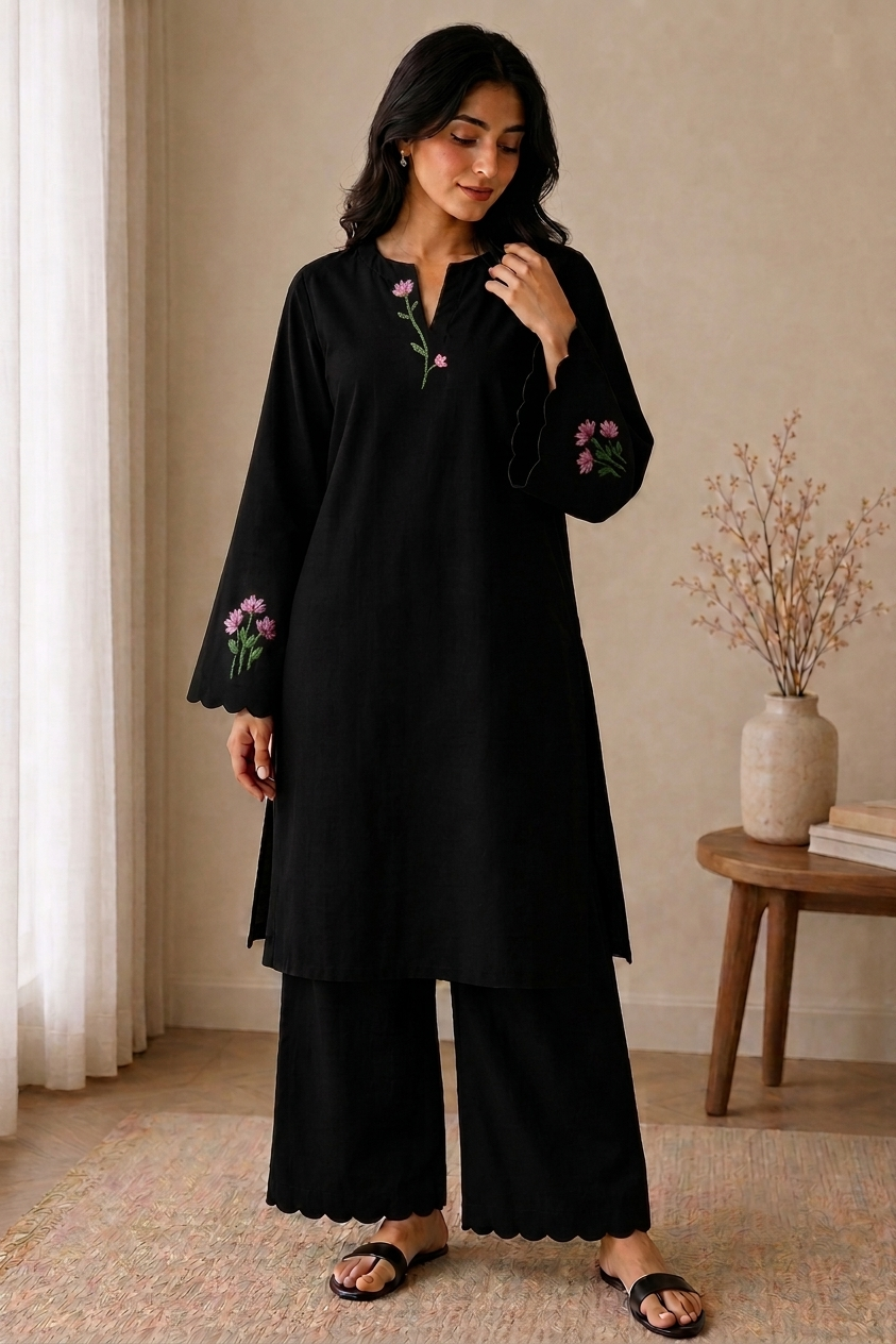 Black cotton lawn kurta with hand embroidery paired with matching palazzo – front view