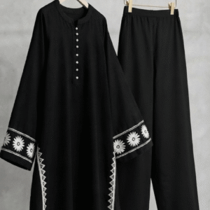 Black cotton lawn kurta with daisy sleeve border and side embroidery paired with palazzo – front view