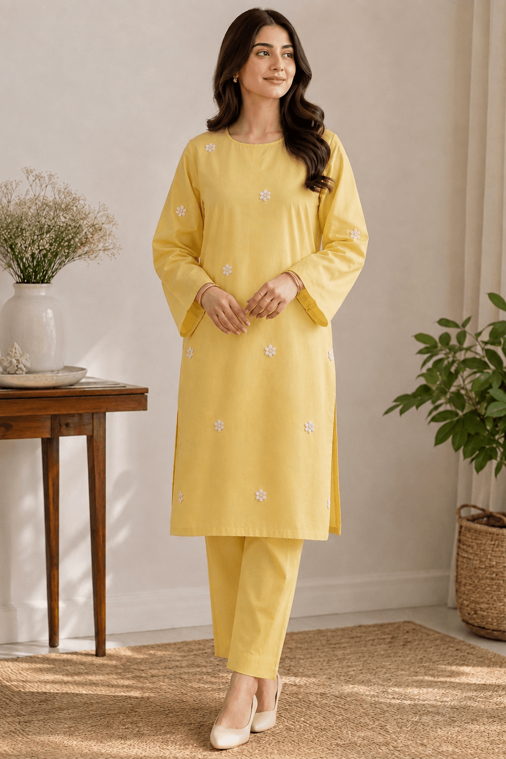 Yellow cotton lawn kurta with white daisy motifs paired with trouser – model wearing