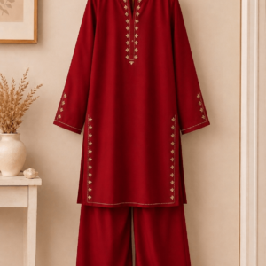 Red cotton lawn kurta with golden border embroidery paired with palazzo – front view