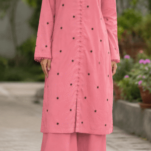 Pink cotton lawn kurta with black star embroidery paired with palazzo – front view