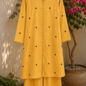 Yellow cotton lawn kurta with brown star embroidery paired with palazzo – front view