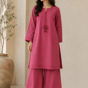 Pink cotton lawn kurta with tassel detail paired with palazzo – front view