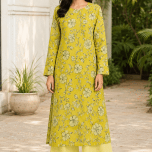 Lime green floral printed cotton lawn kurta paired with yellow palazzo – front view