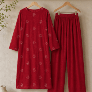 Red cotton lawn kurta with daisy embroidery paired with palazzo – front view