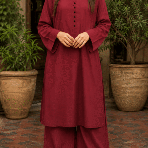Woman wearing wine red cotton lawn kurta with palazzo pants – front view