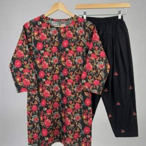 Black floral printed cotton lawn kurta with embroidered shalwar on hanger