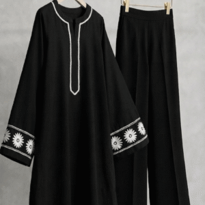 Black cotton lawn notch neck kurta with daisy cuff embroidery paired with palazzo – front view