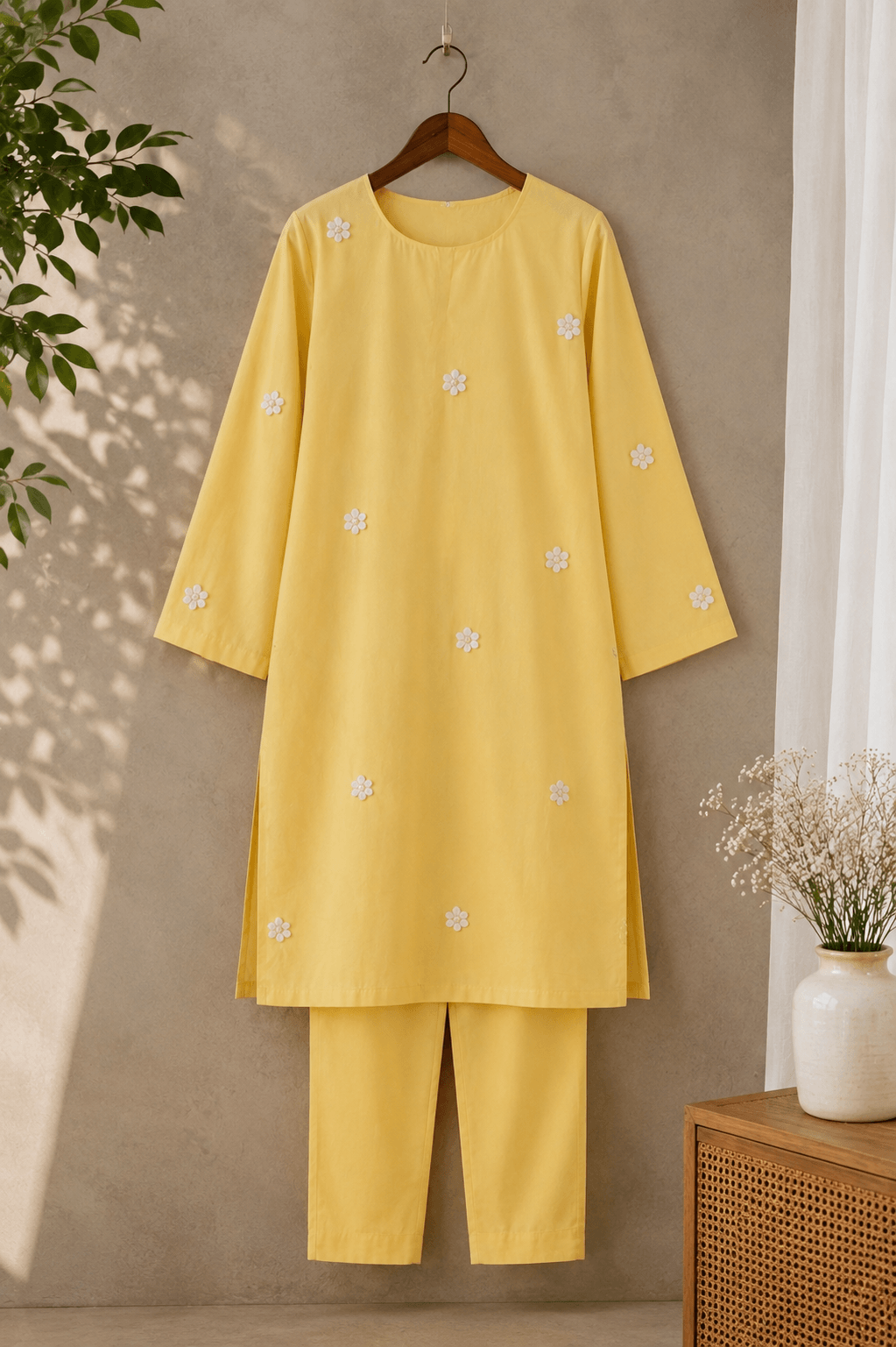 Yellow hand embroidered cotton lawn kurta and trouser suit on hanger
