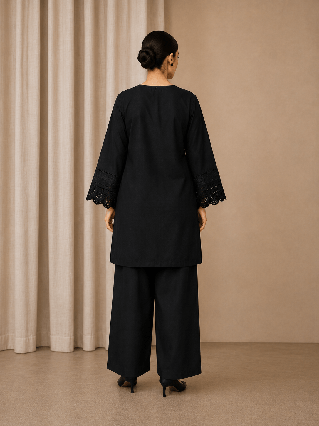Black button-down kurta and palazzo cotton lawn suit – back view