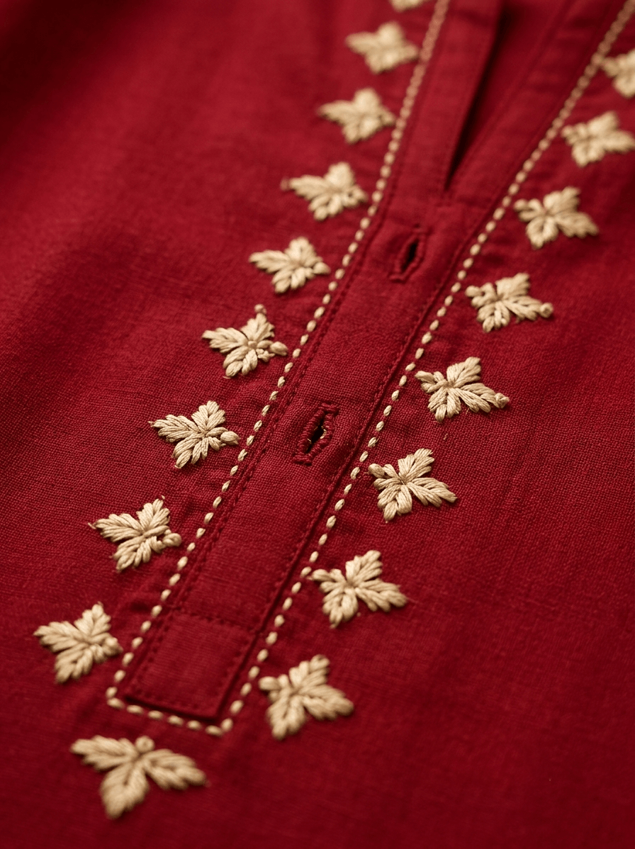 Close-up of golden border embroidery on front placket and side panels of red cotton lawn kurta