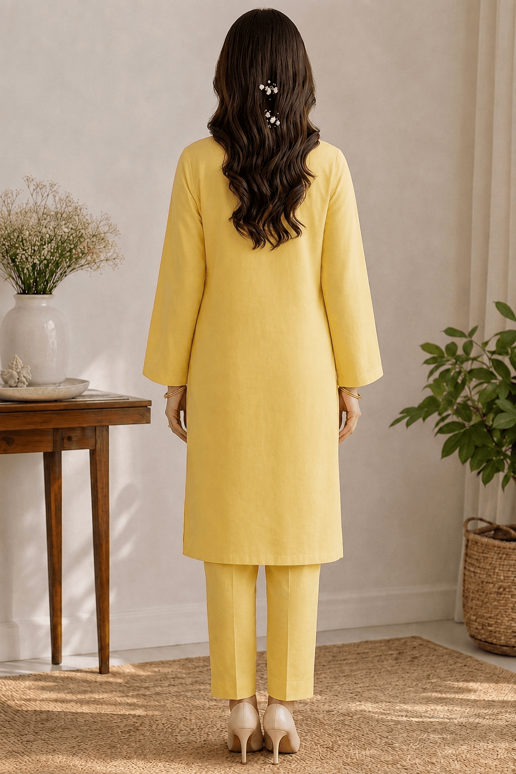 Yellow daisy embroidered cotton lawn kurta trouser suit – back view