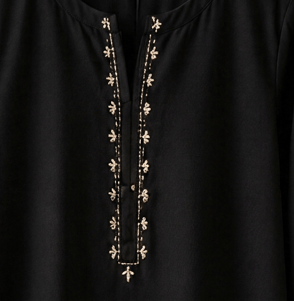 Close-up of front placket and side panel embroidery on black cotton lawn kurta