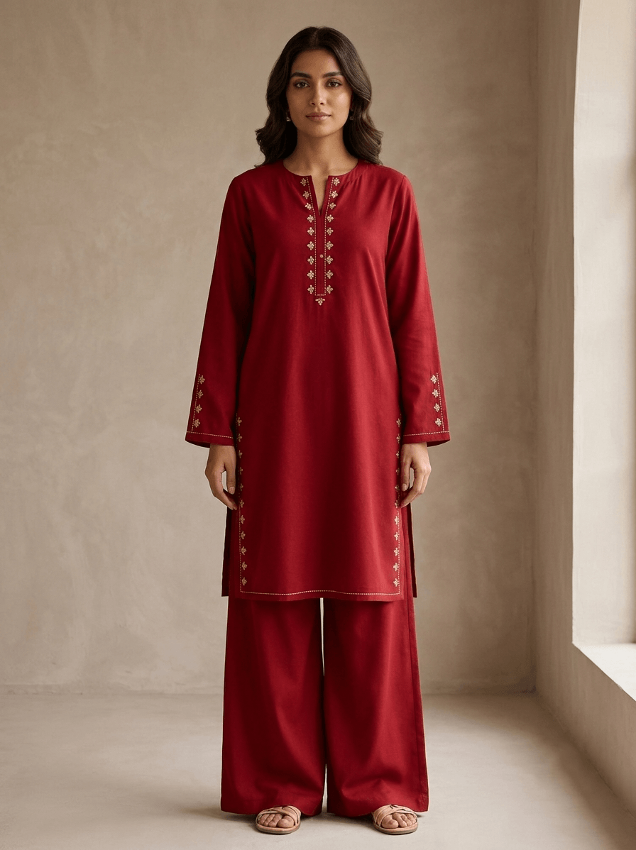 Red cotton lawn kurta with golden border embroidery paired with palazzo – model wearing