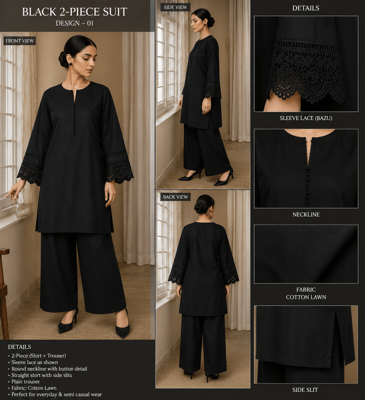 Complete black cotton lawn kurta and palazzo suit with lace cuffs